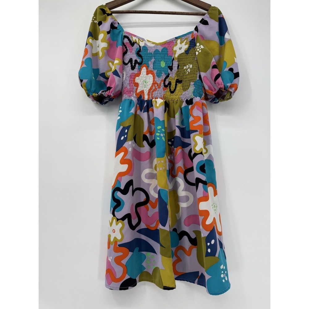 Retro Mod Floral Mini Dress Smocked Bodice Puff Sleeve Colorful Groovy 70s - Picture 3 of 13